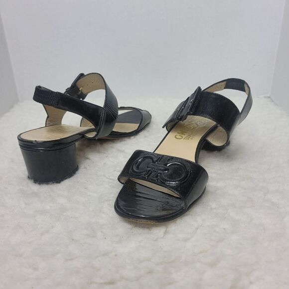 Salvatore Ferragamo Women's Slingback Shoes  Size 8 C Black Patent Block Heel - Picture 5 of 11